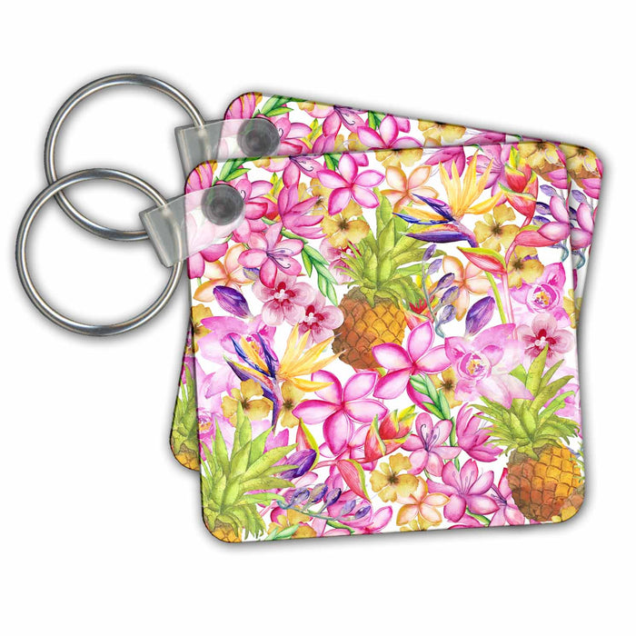 Key Chain - Exotic Watercolor Pattern With Flowers And Pineapple Allover Pattern