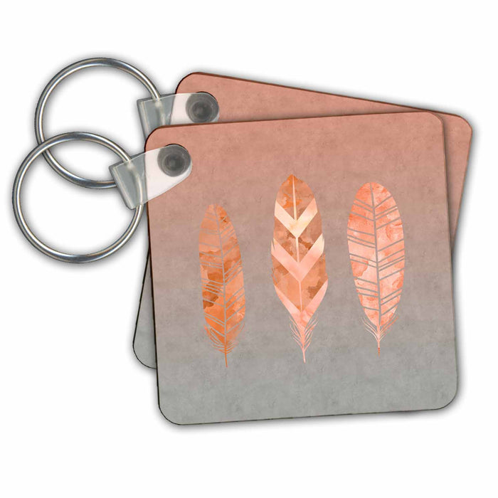 Key Chain - Watercolor Feather Illustration Apricot Color On Grey Art Illustration