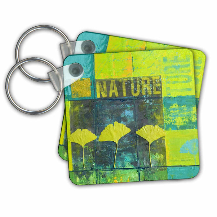 Key Chain - Collage Illustration With Gingko Leafs And Text Elements In Green Art Illustration