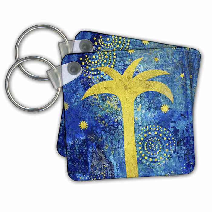 Key Chain - Golden Palm Tree on Blue Collage Background Illustration Art Illustration