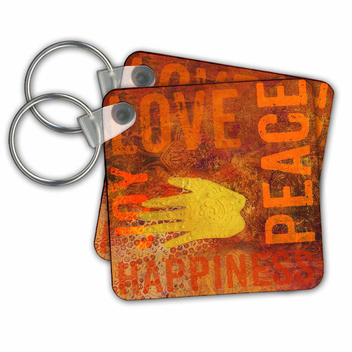 Key Chain - Ethnic Style Painting With Hand Symbols And Words Love Peace Joy Art Illustration