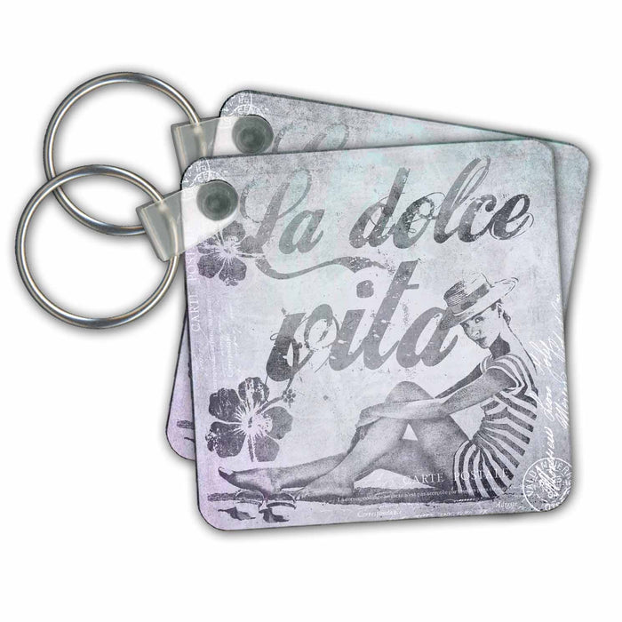 Key Chain - Retro Woman In Swimsuit And Text La Dolce Vita In Grey Art Illustration