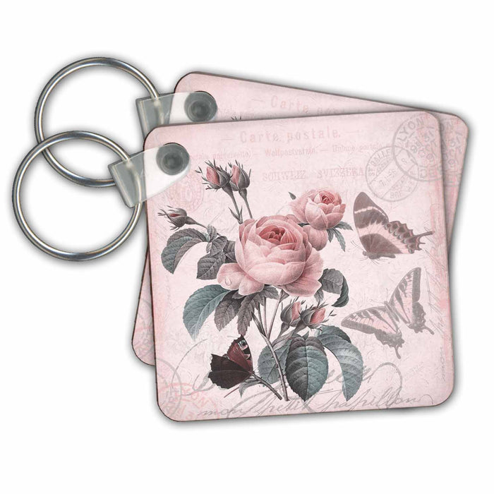 Key Chain - Vintage Rose Illustration With Butterfly Art Illustration