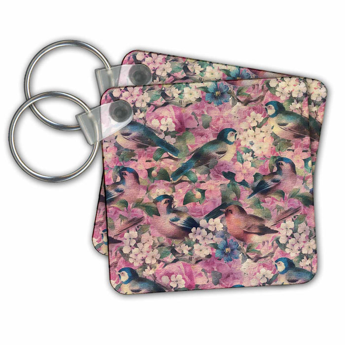 Key Chain - Vintage Flower Pattern With Birds Art Illustration