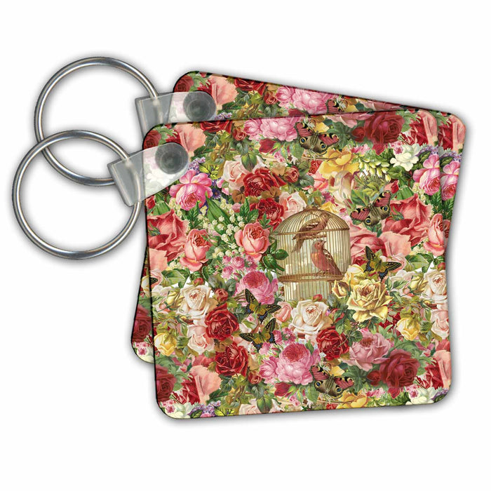 Key Chain - Vintage Flower Pattern With Bird Cage Art Illustration