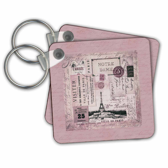 Key Chain - Pink Paris Collage Illustration Art Illustration