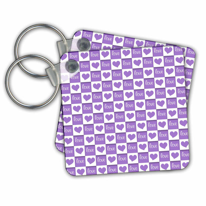 Key Chain - Cute Purple and White Love and Hearts Checkerboard Pattern Hearts and Valentines