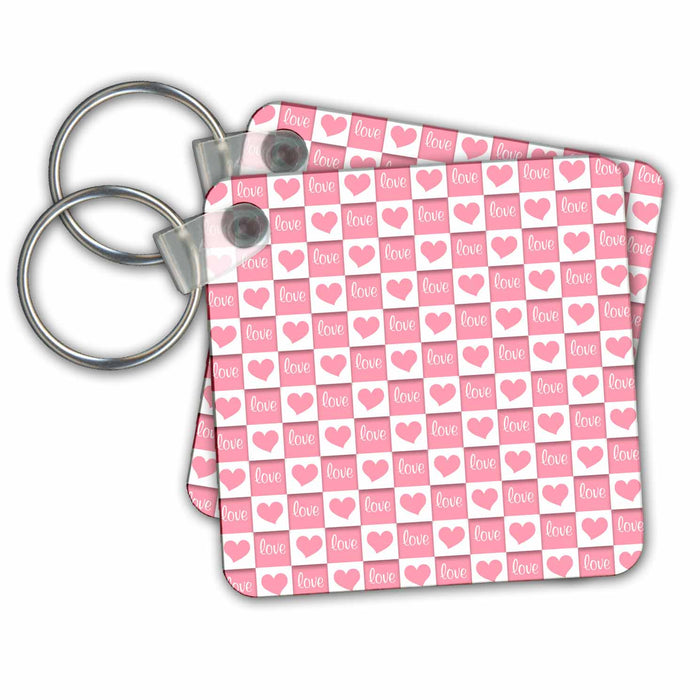 Key Chain - Cute Pink and White Love and Hearts Checkerboard Pattern Hearts and Valentines