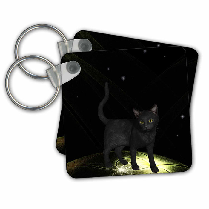 Key Chain - Black Cat On Glowing Spectral Ball With Starry Sky Autumn And Halloween