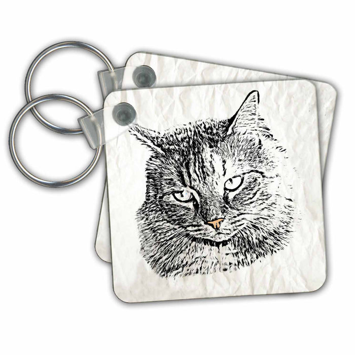 Key Chain - Black And White Sketch Of Maine Coon Cat, With Pink Nose Sketches