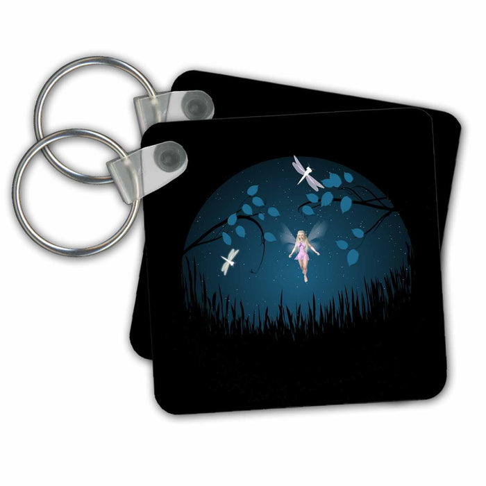 Key Chain - Lovely Pink Fairy With Dragonflies At Night Fairies