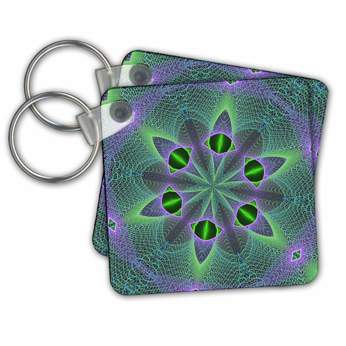 Key Chain - Abstract Blue, Purple, and Green Flower Star Patterns