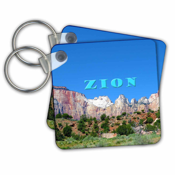 Key Chain - The word ZION written above the beautiful mountains in Utah Zion Written above Mountains