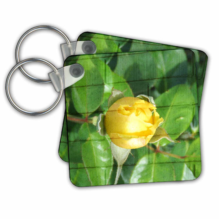 Key Chain - A wall with horizontal lines behind a yellow rose bud Blended Layers Rose on Wall