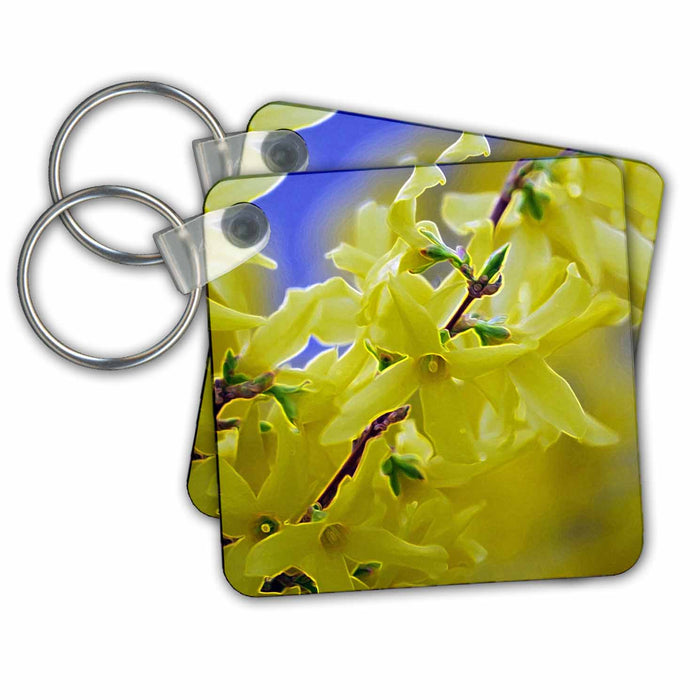 Key Chain - Yellow flowers on a tree that have had edges accented Accented Edges Yellow Floral