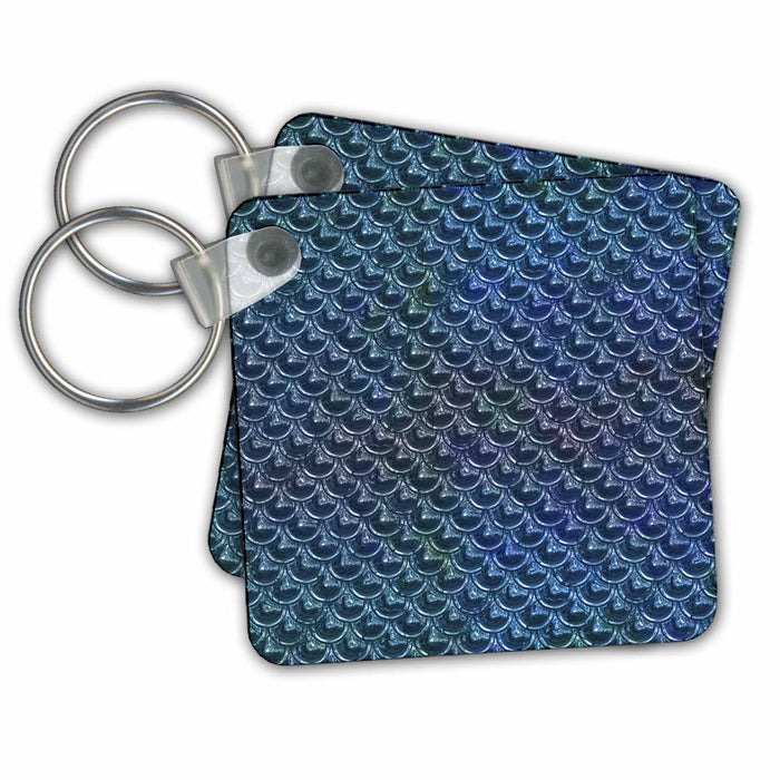 Key Chain - Mermaid Scale Or Fish Scale Pattern In Shimmering Blue Tones Art Illustration