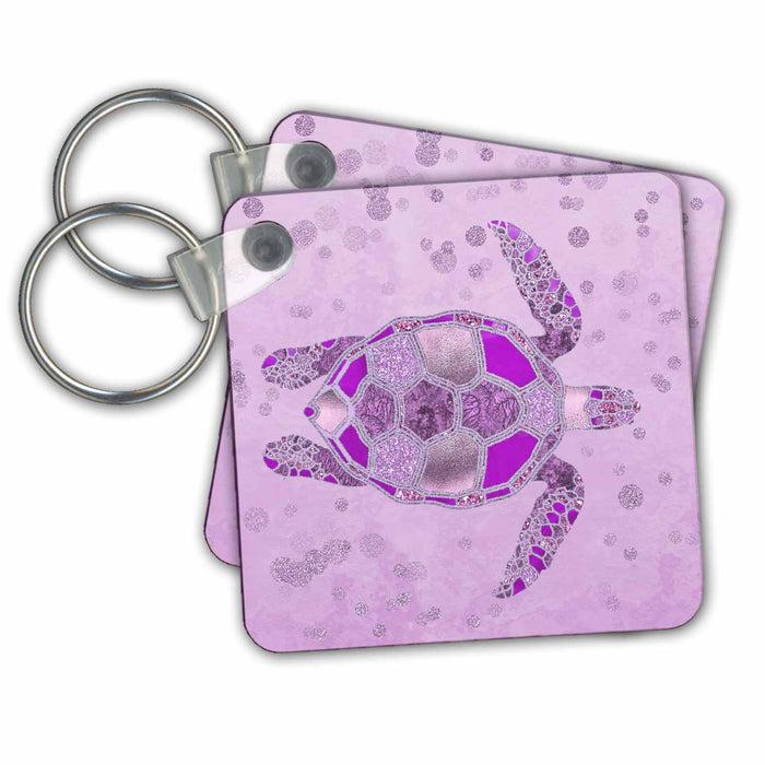 Key Chain - Pink Shimmering Glittery Underwater Turtle Animals Illustration