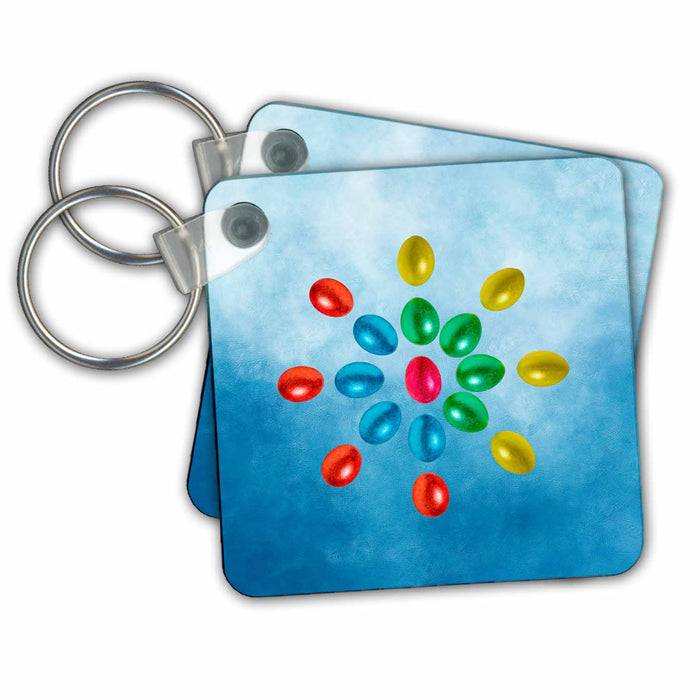 Key Chain - Easter holidays, sun maid of painted eggs. Blue textured background Alexis Design - Holidays Easter