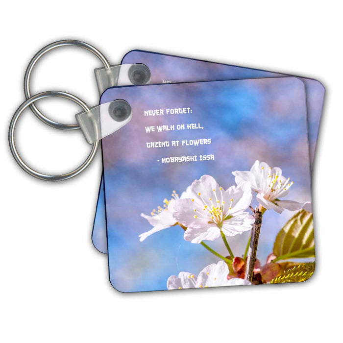 Key Chain - Three sakura cherry blossoms, Issa haiku text Alexis Photography - Flowers Sakura