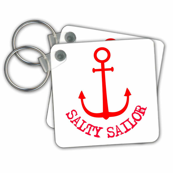 Key Chain - Red silhouette of an anchor. Red Salty Sailor text on white Alexis Design - Beach, Sea, Surf