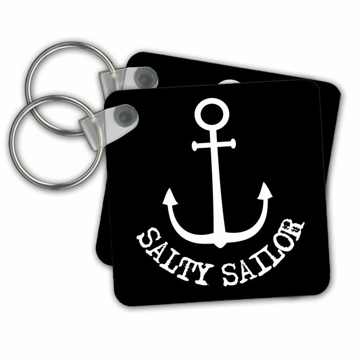 Key Chain - White silhouette of an anchor. White Salty Sailor text on black Alexis Design - Beach, Sea, Surf