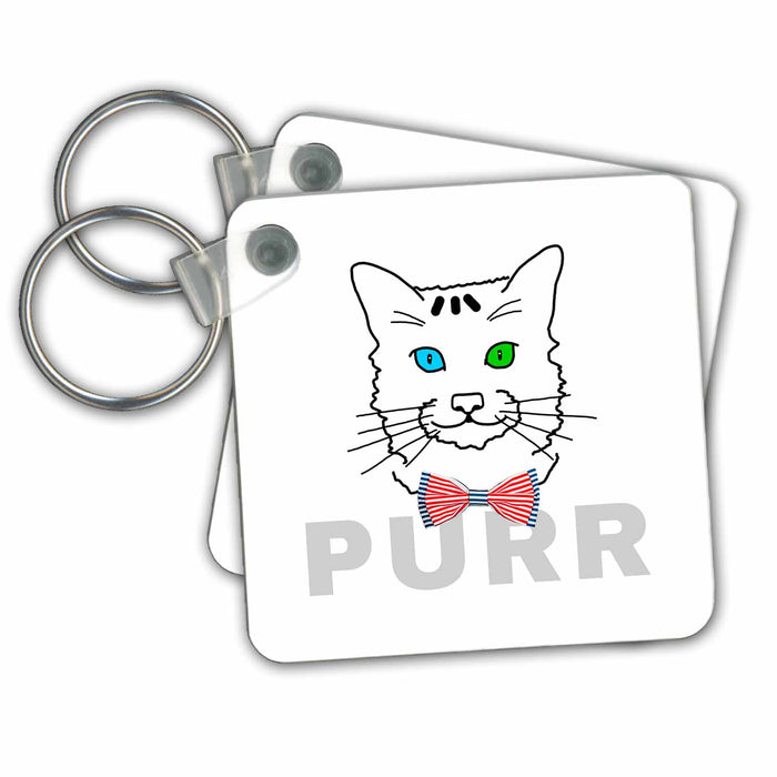 Key Chain - Funny cat face, red, blue, white bow tie, grey text purr Alexis Design - Funny Cats