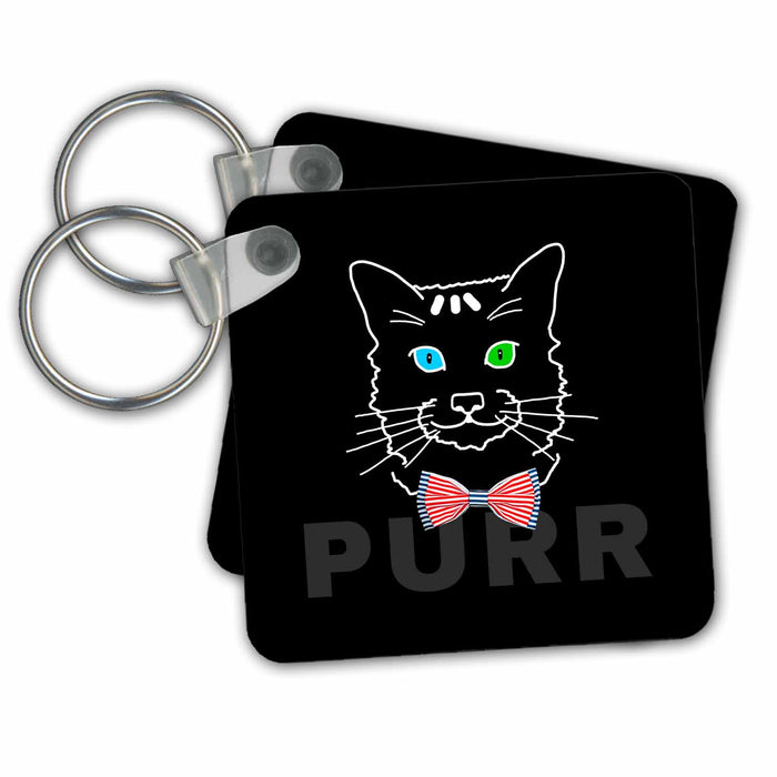 Key Chain - Funny cat face, bow tie, grey text purr, black background Alexis Design - Funny Cats