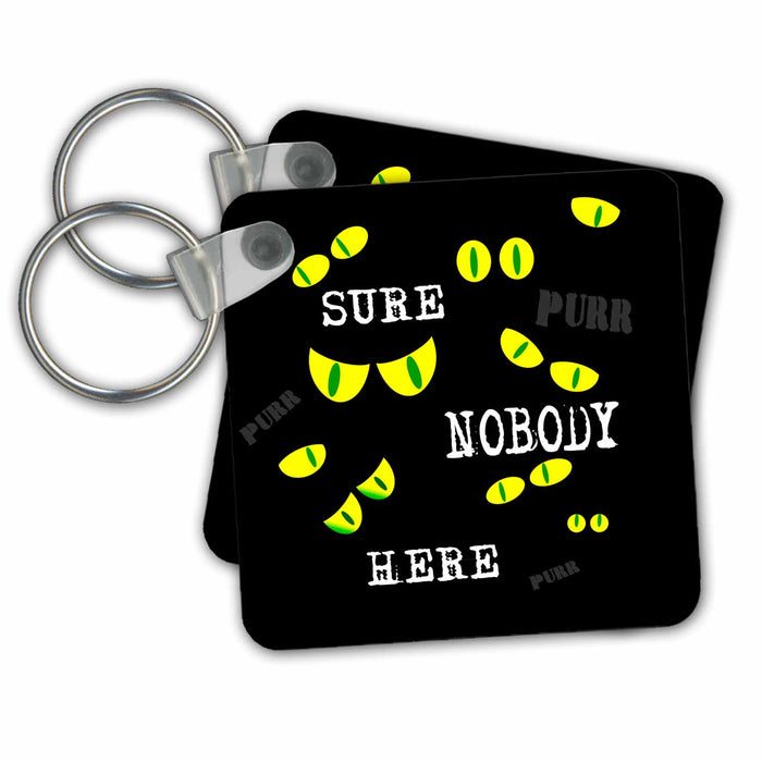 Key Chain - Yellow and green cat eyes in the dark. Text purr, sure nobody here Alexis Design - Funny Cats