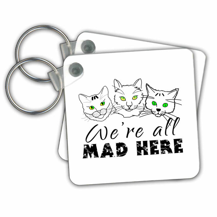 Key Chain - Three funny cat face silhouettes. We are all mad here. On white Alexis Design - Funny Cats