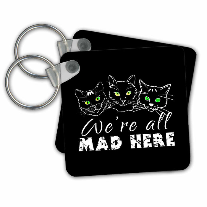 Key Chain - Three adorable cat face silhouettes. We are all mad here. On black Alexis Design - Funny Cats