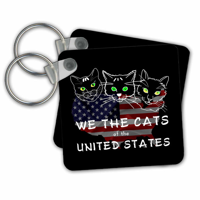 Key Chain - Three funny cat faces. American flag. We the cats of the USA on black Alexis Design - Funny Cats