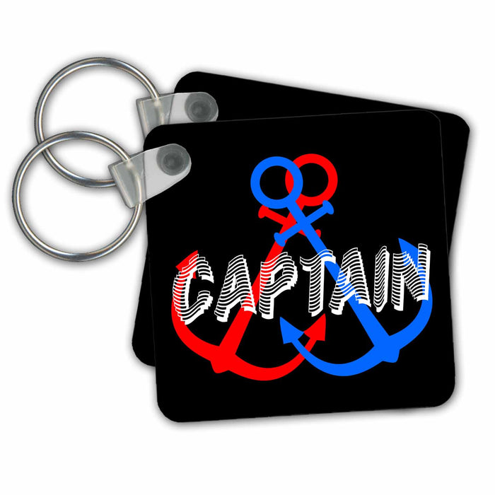 Key Chain - Two anchors of red and blue colors. White text Captain on black Alexis Design - Beach, Sea, Surf