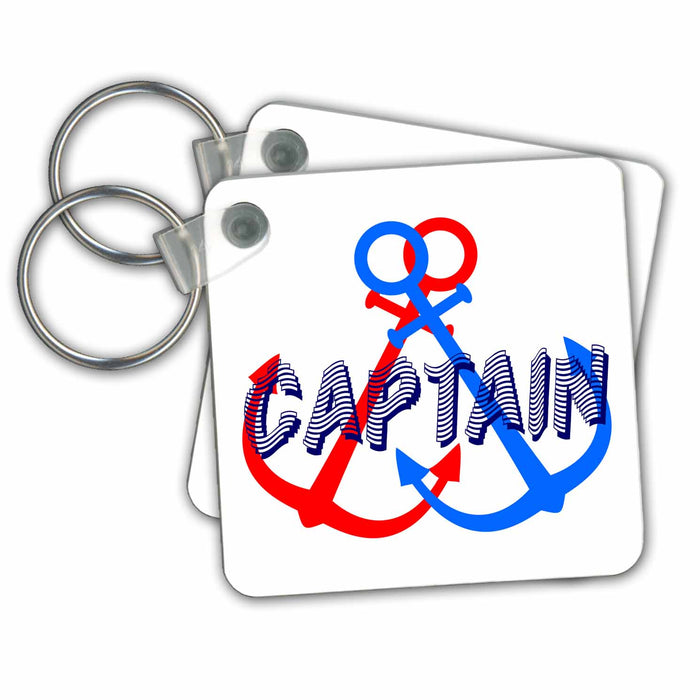 Key Chain - Two anchors of red and blue colors. Navy blue text Captain on white Alexis Design - Beach, Sea, Surf