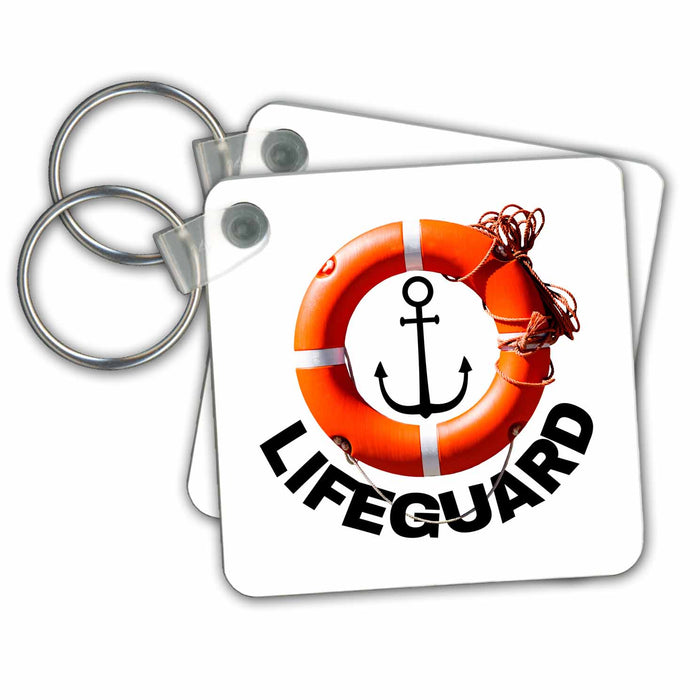 Key Chain - Orange life buoy ring, rope, black anchor, text Lifeguard on white Alexis Design - Beach, Sea, Surf