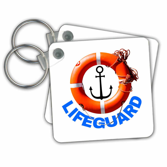 Key Chain - Orange life buoy ring, rope, anchor, blue text Lifeguard on white Alexis Design - Beach, Sea, Surf