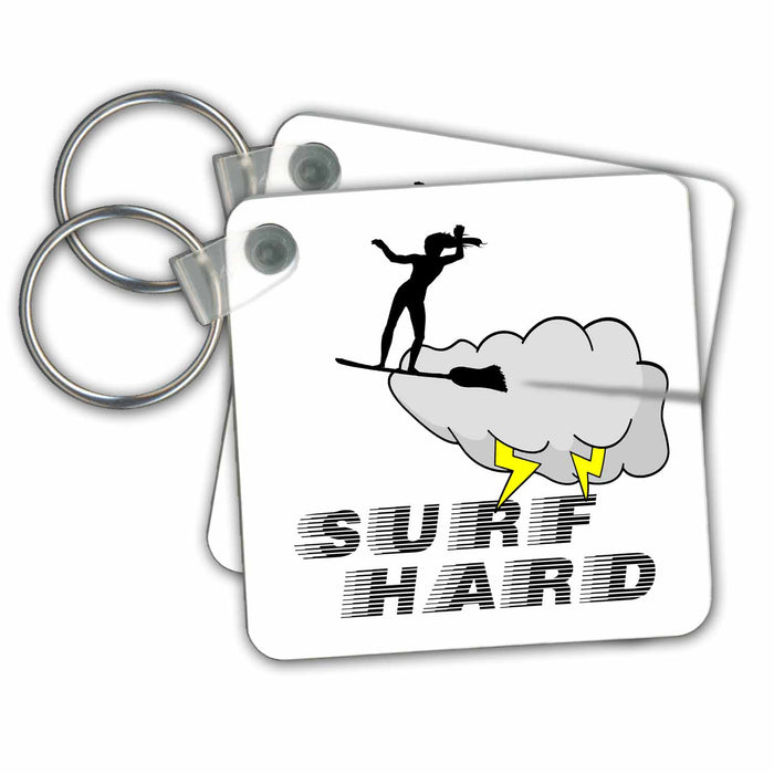 Key Chain - Witch surfs sky on broom stick. The text SURF HARD Alexis Design - Beach, Sea, Surf