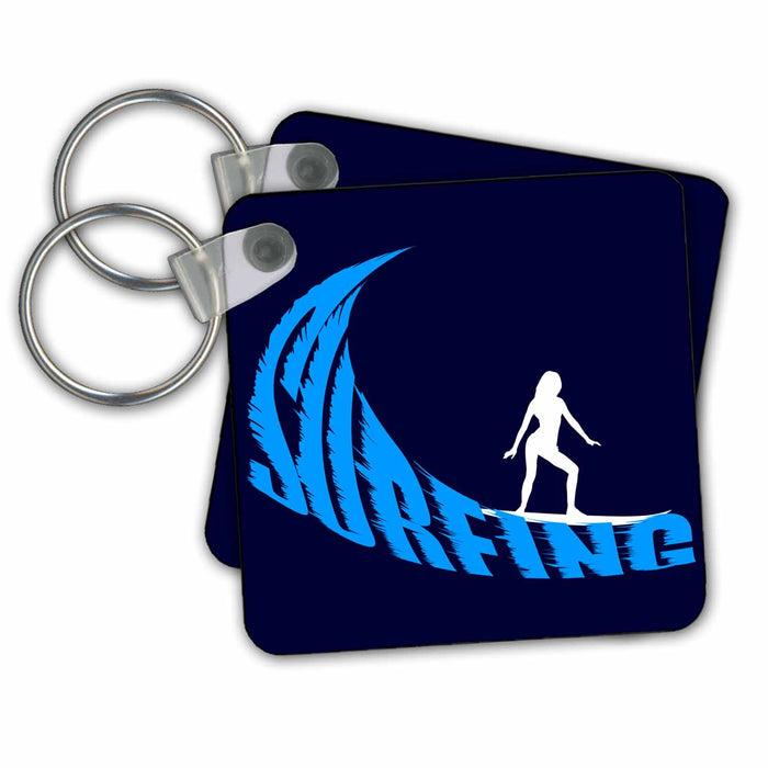 Key Chain - Woman surfer, blue wave, text surfing, dark navy background Alexis Design - Beach, Sea, Surf