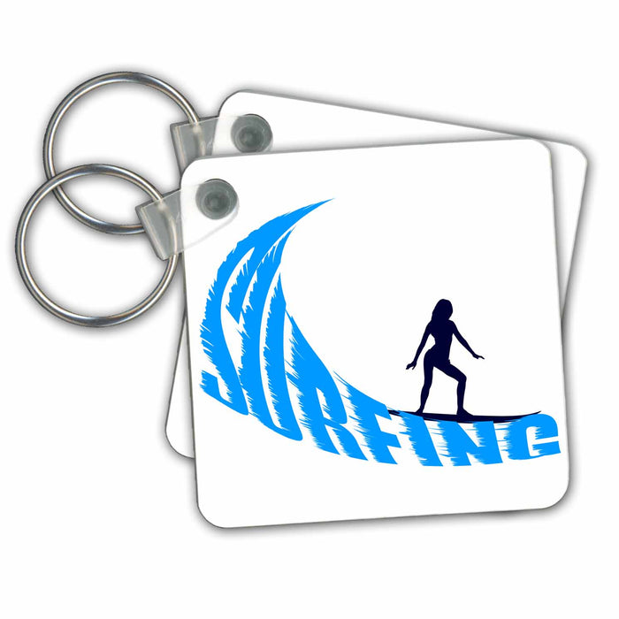 Key Chain - Woman surfer, blue wave, text surfing, white background Alexis Design - Beach, Sea, Surf