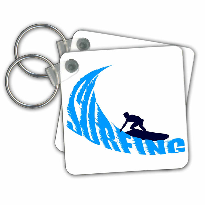 Key Chain - Man, male surfer, blue wave, text surfing, white background Alexis Design - Beach, Sea, Surf