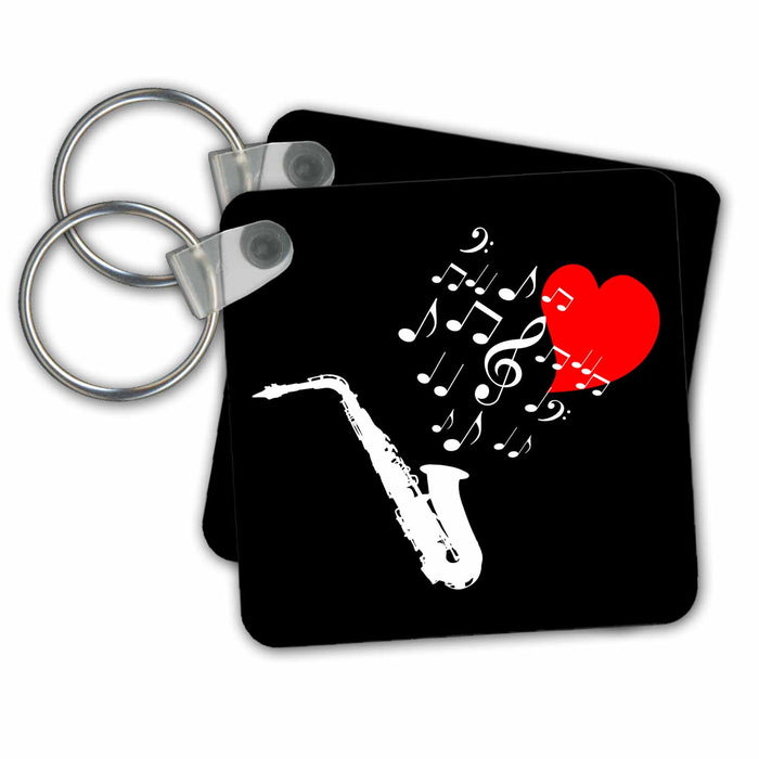 Key Chain - I love saxophone music red heart and notes on black background Alexis Design - Music