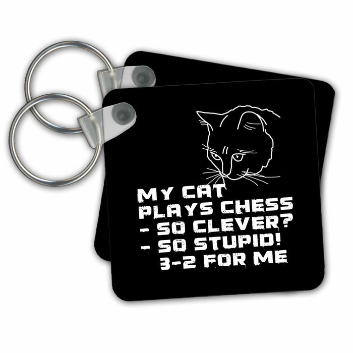 Key Chain - My cat plays chess funny white design on black background Alexis Design - Funny Cats