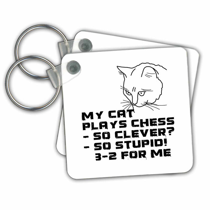 Key Chain - My cat plays chess funny black design on white background Alexis Design - Funny Cats