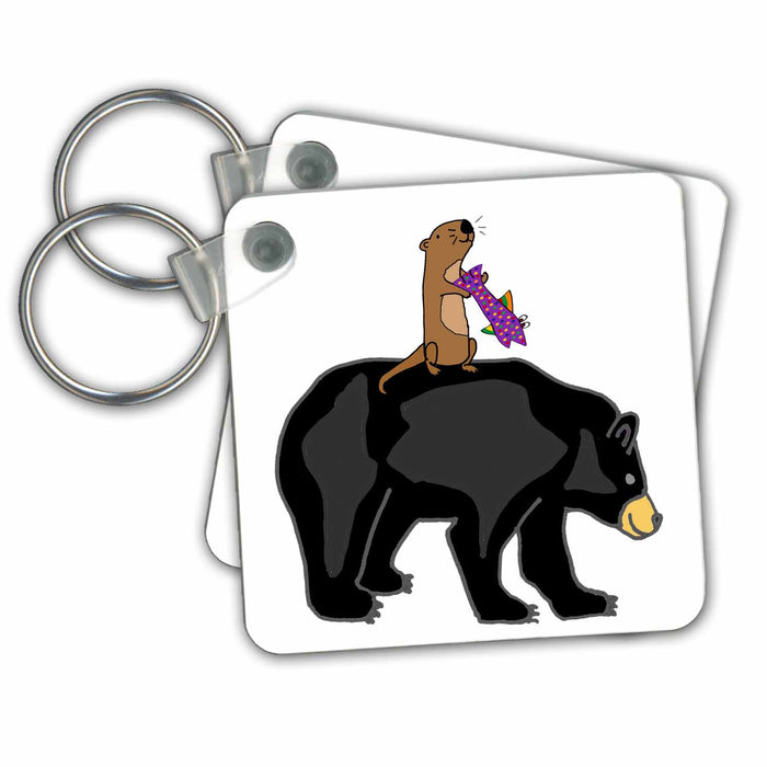 Key Chain - Funny Cute Black Bear with Sea Otter with Fish Riding him Animals