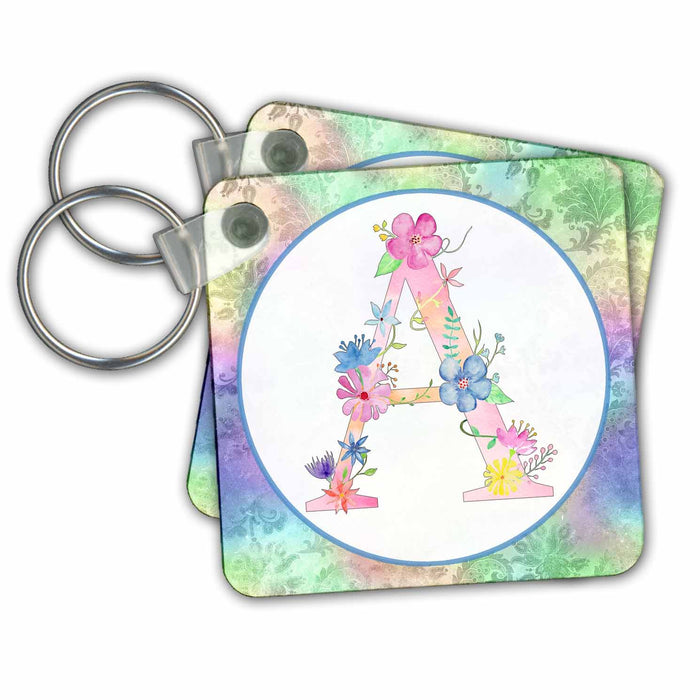 Key Chain - Pretty Whimsical Pink Flower Monogram Initial A Monograms