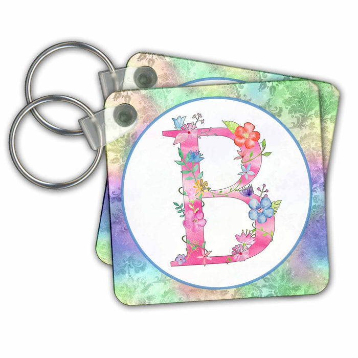 Key Chain - Pretty Whimsical Pink Flower Monogram Initial B Monograms