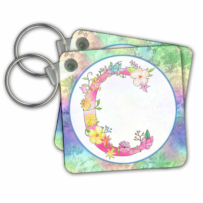 Key Chain - Pretty Whimsical Pink Flower Monogram Initial C Monograms