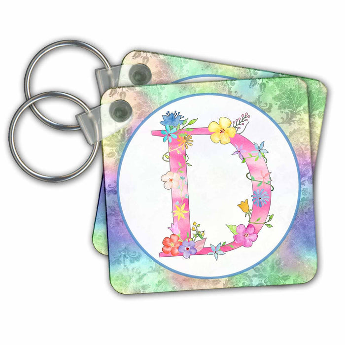 Key Chain - Pretty Whimsical Pink Flower Monogram Initial D Monograms