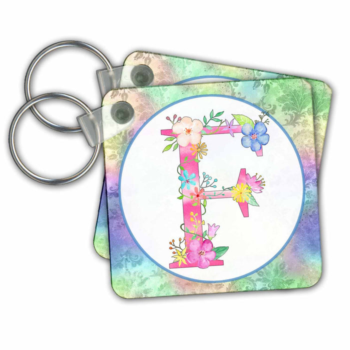 Key Chain - Pretty Whimsical Pink Flower Monogram Initial F Monograms