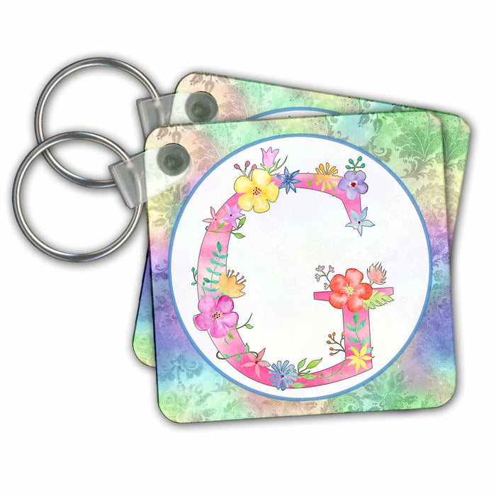 Key Chain - Pretty Whimsical Pink Flower Monogram Initial G Monograms