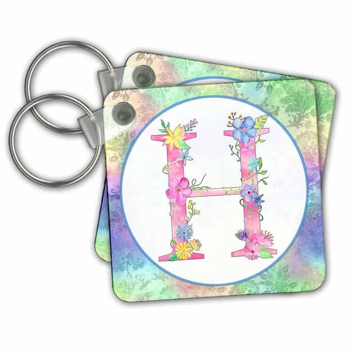 Key Chain - Pretty Whimsical Pink Flower Monogram Initial H Monograms